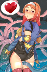 Rule 34 | 1girl, archer (ragnarok online), ass, bestiality, black panties, black skirt, blouse, blue shirt, blush, breasts, brown gloves, brown thighhighs, chirashi (so), closed mouth, clothes lift, commentary request, consensual tentacles, cowboy shot, gloves, grey hairband, hairband, heart, lifted by self, looking at viewer, looking back, medium breasts, medium hair, muneate, orange hair, panties, penomena, ragnarok online, red eyes, shirt, short sleeves, skirt, skirt lift, spoken heart, tentacles, thighhighs, underwear