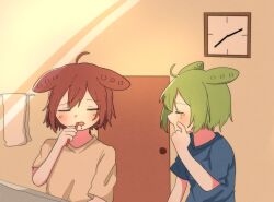 2girls alternate_costume ankomon brown_hair brushing_teeth clock closed_eyes drooling green_hair holding holding_toothbrush indoors mouth_drool multiple_girls open_mouth shirt short_sleeves t-shirt toothbrush towel_rack upper_body voiceroid voicevox vvv_fnk wall_clock zundamon