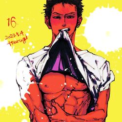 Rule 34 | 1boy, bara, bare pectorals, blush, clothes in mouth, green hair, lifting own clothes, looking at viewer, male focus, mouth hold, muscular, muscular male, one piece, pectorals, roronoa zoro, saturated, shirt in mouth, short hair, solo, trg rak, upper body
