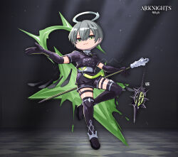 Rule 34 | 1boy, absurdres, arene (arknights), arknights, black footwear, black gloves, black jacket, black shorts, boots, commentary, copyright name, elbow gloves, full body, gloves, green eyes, grey hair, hair between eyes, halo, highres, jacket, lataedelan, looking at viewer, male focus, parted lips, short shorts, short sleeves, shorts, smile, solo, thigh boots