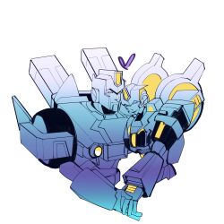 Rule 34 | 1boy, 1girl, absurdres, blue eyes, couple, heart, highres, holding hands, humanoid robot, knnw a, mechanical wings, nautica (transformers), robot, science fiction, simple background, skids (transformers), the transformers (idw), transformers, white background, wings, yellow eyes