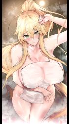 Rule 34 | 1girl, absurdres, ahoge, artoria pendragon (fate), artoria pendragon (lancer) (fate), bare shoulders, blonde hair, blush, breasts, cleavage, collarbone, fate/grand order, fate (series), green eyes, highres, large breasts, long hair, looking at viewer, naked towel, onsen, open mouth, ponytail, sidelocks, solo, spice (spicezzumi), steam, thighs, towel, very long hair, wet