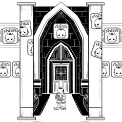 1boy counting_money door doorway flower greyscale highres malo monochrome nintendo pillar planter poster_(object) robe rupee_(zelda) solo standing the_legend_of_zelda the_legend_of_zelda:_twilight_princess topknot