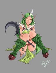 Rule 34 | 1girl, alternate color, alternate costume, breasts, choker, colored sclera, colored skin, crescent, dryad soraka, green eyes, green hair, green sclera, grey background, highres, hooves, horns, knees together feet apart, league of legends, lips, long hair, matching hair/eyes, pink skin, pointy ears, signature, single horn, sitting, sleeveless, smile, solo, soraka (league of legends), ssalsin, tattoo, wand