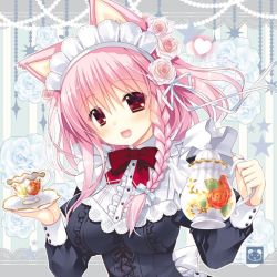 Rule 34 | 1girl, animal ears, back bow, black dress, bow, bowtie, braid, breasts, cat ears, commentary request, cup, dress, holding, holding cup, holding teapot, impossible clothes, long sleeves, looking at viewer, maid headdress, medium breasts, open mouth, original, pink hair, red bow, red bowtie, red eyes, ryuuga shou, short hair, signature, single braid, smile, solo, teapot, upper body