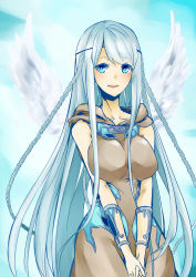 Rule 34 | 1girl, absurdly long hair, absurdres, angel wings, blue eyes, braid, breasts, collarbone, dress, duel monster, female focus, headband, highres, large breasts, long hair, looking at viewer, maiden with eyes of blue, mizuichi, open mouth, smile, solo, very long hair, white hair, wings, yu-gi-oh!, yu-gi-oh! duel monsters
