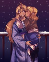 Rule 34 | 2girls, arm warmers, blonde hair, blue kimono, blush, brown jacket, carrying, carrying person, closed eyes, commentary, daitoko, full body, grin, highres, horns, hoshiguma yuugi, hoshiguma yuugi (kimono), jacket, japanese clothes, kimono, kiss, kissing cheek, long hair, looking at another, looking to the side, medium hair, mizuhashi parsee, multicolored clothes, multicolored jacket, multiple girls, official alternate costume, pointy ears, railing, red eyes, sash, scarf, short sleeves, single horn, smile, snow, snowing, touhou, white sash, white scarf, yuri