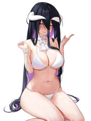 Rule 34 | 1girl, absurdres, albedo (overlord), bare shoulders, bikini, black hair, blush, breasts, cleavage, curvy, demon girl, demon horns, hair between eyes, highres, horns, large breasts, long bangs, long hair, mole, mole under eye, navel, overlord (maruyama), shulanshu, simple background, sitting, smile, solo, stomach, swimsuit, thighs, very long hair, white background, white horns, yellow eyes