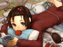 Rule 34 | 1boy, androgynous, axis powers hetalia, bad id, bad pixiv id, barefoot, book, brown eyes, brown hair, candy, figure, food, glasses, hair bobbles, hair ornament, handheld game console, hatsune miku, japan (hetalia), kumatani, lying, male focus, manga (object), mouth hold, on stomach, otaku, pillow, playstation portable, short hair, solo, track suit, trap, vocaloid