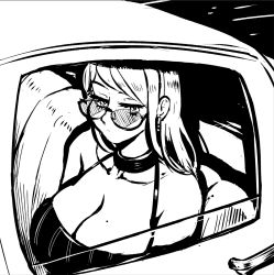 Rule 34 | 1girl, akairiot, breasts, car, cleavage, earrings, glasses, greyscale, half-closed eyes, highres, jewelry, large breasts, long hair, looking at viewer, mole, mole on breast, monochrome, motor vehicle, original, sitting, solo, window