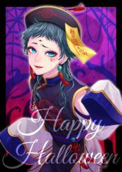 Rule 34 | 1other, androgynous, blue eyes, english text, facepaint, gnosia, green hair, halloween, halloween costume, happy halloween, highres, jiangshi, long sleeves, looking at viewer, makeup, other focus, raqio, solo, upper body, yuyht1758