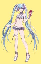 Rule 34 | 1girl, aqua eyes, bikini, blue hair, bracelet, drink, full body, hatsune miku, highres, jewelry, long hair, maruchi, navel, open mouth, solo, swimsuit, twintails, very long hair, vocaloid, yellow background