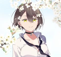 Rule 34 | 1girl, ahoge, azur lane, baltimore (after-school ace) (azur lane), baltimore (azur lane), black choker, black necktie, blue sky, blurry, blurry foreground, braid, branch, breasts, brown hair, choker, cleavage, closed mouth, collarbone, collared shirt, commentary, flower, french braid, hair between eyes, hair flower, hair ornament, highres, large breasts, looking at viewer, loose necktie, necktie, official alternate costume, oxygen mask (oxygenmask233), partially unbuttoned, school uniform, shirt, short hair, short sleeves, sidelocks, sky, smile, solo, standing, upper body, white shirt, yellow eyes