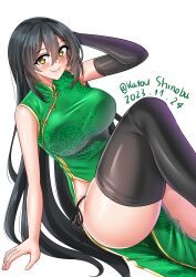 Rule 34 | 1girl, absurdres, black hair, black panties, black thighhighs, blush, breasts, brown eyes, chikuma (kancolle), china dress, chinese clothes, dated, dress, gloves, green dress, highres, kantai collection, katou shinobu, large breasts, long hair, looking at viewer, panties, pelvic curtain, print dress, side slit, single glove, sleeveless, sleeveless dress, smile, solo, thighhighs, twitter username, underwear