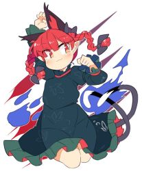 Rule 34 | 1girl, :3, animal ear fluff, animal ears, blue fire, bow, braid, cat ears, clenched hand, dress, extra ears, fire, green dress, ini (inunabe00), kaenbyou rin, looking at viewer, multiple tails, nekomata, paw pose, pointy ears, puffy sleeves, red eyes, red hair, simple background, sitting, slit pupils, solo, stretching, subterranean animism, tail, touhou, twin braids, whiskers
