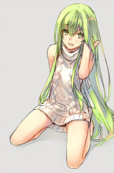 Rule 34 | androgynous, blush, enkidu (fate), fate/strange fake, fate (series), full body, gender request, green eyes, green hair, grey background, long hair, looking at viewer, meme attire, open mouth, simple background, smile, solo, very long hair, virgin killer sweater, wanko (takohati8)