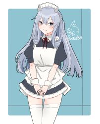 Rule 34 | 1girl, alternate costume, apron, artist logo, blue background, border, commentary request, cowboy shot, dated, enmaided, frilled apron, frills, highres, i-203 (kancolle), kantai collection, looking at viewer, maid, maid apron, maid headdress, mochizou, one-hour drawing challenge, solo, standing, thigh gap, thighhighs, two-tone background, v arms, white apron, white border, white thighhighs, wrist cuffs