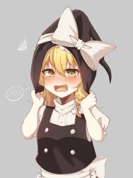 Rule 34 | 1girl, black vest, blonde hair, blush, bow, braid, commentary, embarrassed, grey background, hair between eyes, hands on headwear, hands up, hat, hat bow, hat tug, headwear pull, highres, huge bow, kirisame marisa, long hair, looking at viewer, nose blush, open mouth, puffy short sleeves, puffy sleeves, pulled by self, shirt, short sleeves, simple background, single braid, solo, spoken blush, squiggle, toufuoishiiiiii, touhou, upper body, v-shaped eyebrows, vest, white bow, white shirt, witch hat, yellow eyes