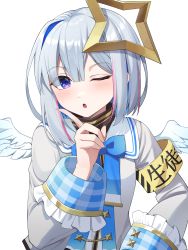 Rule 34 | 1girl, ;o, absurdres, amane kanata, angel, angel wings, armband, asymmetrical hair, blue hair, blue wings, blush, bob cut, colored inner hair, feathered wings, hair over one eye, halo, highres, hololive, index finger raised, jacket, long sleeves, looking at viewer, mini wings, multicolored hair, one eye closed, open mouth, pink hair, purple eyes, sailor collar, short hair, silver hair, single hair intake, sleeve cuffs, solo, star halo, streaked hair, turtleneck, virtual youtuber, white wings, wide sleeves, wings, woogi