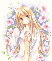 Rule 34 | blonde hair, character request, copyright request, floral background, head tilt, long hair, long sleeves, looking at viewer, marker (medium), navel, no bra, open clothes, open shirt, pink eyes, shirt, solo, tegaki no yuu, traditional media, unbuttoned, unbuttoned shirt, upper body, very long hair, white shirt
