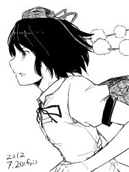 Rule 34 | 1girl, dated, greyscale, hat, kawashina (momen silicon), looking away, monochrome, open mouth, profile, serious, shameimaru aya, simple background, solo, tokin hat, touhou, white background, wings