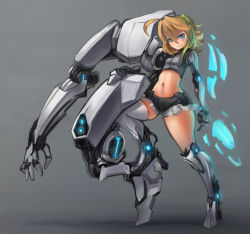 Rule 34 | 1girl, ahoge, arceonn, armor, black shorts, blonde hair, blue eyes, borrowed character, breasts, brown hair, claire (ego trigger), crop top, cyborg, ego trigger, flat chest, grey background, head tilt, looking at viewer, mechanical arms, midriff, navel, neon trim, original, power suit, robot, short hair, short shorts, shorts, single mechanical arm, small breasts, solo, standing, thick thighs, thighhighs, thighs