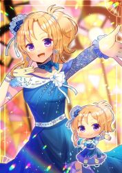 Rule 34 | 1girl, :d, bare shoulders, blonde hair, blue bow, blue dress, blurry, blurry background, bow, breasts, chibi, chibi inset, closed mouth, collarbone, commentary request, depth of field, dress, idolmaster, idolmaster cinderella girls, kiryu tsukasa (idolmaster), kou hiyoyo, long sleeves, looking at viewer, multiple views, off shoulder, open mouth, outstretched arm, parted bangs, ponytail, purple eyes, sidelocks, single sleeve, small breasts, smile, stained glass