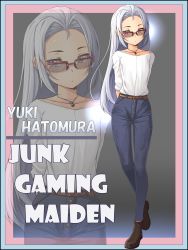 Rule 34 | 1girl, arms behind back, bespectacled, blue border, blue eyes, blue pants, blush, boots, border, brown footwear, character name, closed mouth, commentary request, copyright name, denim, expressionless, full body, glasses, hatomura yuki, highres, jeans, jewelry, junk gaming maiden, kitsunerider, long hair, looking to the side, necklace, pants, parted bangs, pink border, rectangular eyewear, red-framed eyewear, shirt, shirt tucked in, solo, white hair, white shirt, zoom layer