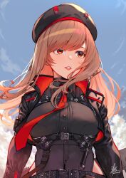 Rule 34 | 1girl, absurdres, artist name, belt, beret, black hat, black jacket, black shirt, chest harness, collared shirt, cropped jacket, goddess of victory: nikke, harness, hat, highres, jacket, kimi tsuru, light brown hair, lips, long hair, necktie, orange eyes, outdoors, parted lips, rapi (nikke), red jacket, red necktie, shirt, signature, sky, solo, two-sided fabric, two-sided jacket