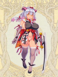 Rule 34 | 1girl, black footwear, breasts, covered erect nipples, curvy, dairoku ryouhei, elbow gloves, expressionless, full body, gloves, headdress, holding, holding sword, holding weapon, horns, huge breasts, long hair, multicolored hair, navel, official art, pink hair, ribbon-trimmed gloves, ribbon-trimmed legwear, ribbon trim, ryoji (nomura ryouji), sideboob, silver hair, solo, strappy heels, sword, thighhighs, two-tone hair, weapon, wrist cuffs, yellow eyes