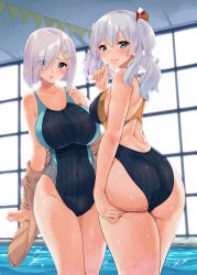 Rule 34 | 2girls, ass, bare arms, blue eyes, breasts, brown jacket, cleavage, closed mouth, clothes around waist, collarbone, competition swimsuit, covered navel, hair ornament, hair over one eye, hair tie, hairclip, hamakaze (kancolle), hand on own ass, highres, indoors, jacket, jacket around waist, kantai collection, kashima (kancolle), large breasts, long hair, looking at viewer, multiple girls, one-piece swimsuit, parted lips, pool, sarfata, silver hair, smile, sparkle, swimsuit, twintails, two-tone swimsuit, upper body, window
