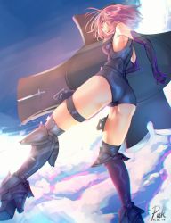 Rule 34 | 1girl, armor, armored leotard, ass, black armor, black gloves, black leotard, black thighhighs, boots, breasts, cameltoe, chromatic aberration, commentary request, elbow gloves, fate/grand order, fate (series), from behind, gloves, high heel boots, high heels, highres, holding, holding shield, huge weapon, leotard, looking back, mash kyrielight, mash kyrielight (ortenaus), medium breasts, medium hair, pink hair, puk (higanbana doujin), purple eyes, shield, shoe soles, solo, thigh strap, thighhighs, weapon, wind, wind lift