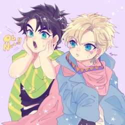 Rule 34 | 2boys, age regression, aged down, battle tendency, blonde hair, blue eyes, blue jacket, brown hair, caesar anthonio zeppeli, child, facial mark, fingerless gloves, gloves, green eyes, green scarf, hands on own face, highres, jacket, jojo no kimyou na bouken, kogatarou, male focus, multicolored clothes, multicolored scarf, multiple boys, oversized clothes, pink jacket, scarf, shouting, striped clothes, striped scarf, yellow scarf