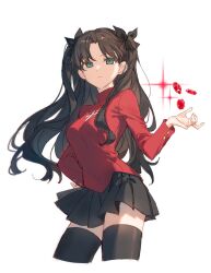 Rule 34 | 1girl, black bow, black hair, black skirt, black thighhighs, blue eyes, bow, closed mouth, cropped legs, expressionless, fate/stay night, fate (series), gem, hair bow, hand on own hip, hand up, highres, long hair, long sleeves, looking at viewer, pleated skirt, red gemstone, red shirt, shirt, simple background, skirt, solo, thighhighs, tohsaka rin, tsubame airs, turtleneck, two side up, white background, zettai ryouiki