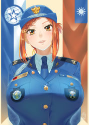 Rule 34 | 1girl, aiguillette, arms behind back, blue jacket, blue necktie, braid, braided bangs, breasts, buttons, epaulettes, french braid, ge xi, hair ornament, hairclip, hat, highres, huge breasts, jacket, levasol defense corps, lien ai-chiang, looking at viewer, mini flag, necktie, orange eyes, orange hair, parted lips, police, police hat, police uniform, policewoman, republic of china flag, solo, sparkle, uniform, upper body, witches in 7th base