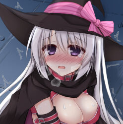 Rule 34 | 1girl, aroused, ayachi nene, belt, belt bra, black cloak, black hat, black sleeves, blue background, blush, bow, breasts, cleavage, cloak, commentary request, detached sleeves, double-parted bangs, drooling, eyelashes, eyes visible through hair, grey hair, hair between eyes, hat, hat bow, igarashi kenji, large breasts, long hair, looking at viewer, meme, mouth drool, nose blush, open mouth, pink bow, purple eyes, red belt, sailor moon redraw challenge (meme), sanoba witch, solo, sweat, tears, twitching, upper body, very long hair, wavy mouth, witch hat