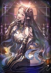 Rule 34 | 1girl, between legs, black hair, black thighhighs, breasts, candle, candlelight, chain, cleavage, detached sleeves, facial mark, forehead mark, gem, gold trim, green eyes, hand between legs, highres, horns, king&#039;s raid, large breasts, long hair, looking at viewer, moon, open mouth, parted bangs, pointy ears, purple pupils, shamilla, sitting, solo, teeth, thighhighs, tongue, upper teeth only, very long hair, window, zzebra