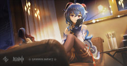 Rule 34 | bare shoulders, black gloves, black pantyhose, blue hair, chinese knot, detached sleeves, flower knot, ganyu (genshin impact), genshin impact, glass, gloves, gold trim, head rest, high heels, highres, horns, indoors, knee up, long hair, looking at viewer, multicolored eyes, pantyhose, pdy, red rope, rope, sidelocks, sitting, solo, thighlet, vision (genshin impact), white sleeves