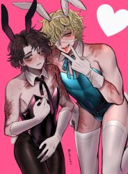 Rule 34 | 2boys, animal ears, bandage over one eye, black leotard, black pantyhose, black ribbon, blonde hair, blue leotard, blue ribbon, blush, brown eyes, brown hair, burn scar, covering crotch, covering privates, cunnilingus gesture, detached collar, fake animal ears, fangs, florian brand, gloves, green eyes, heart, highres, identity v, leotard, looking at viewer, looking to the side, male playboy bunny, matthias czernin, multiple boys, one-eyed, pantyhose, rabbit ears, rabbit tail, ribbon, scar, scar on face, scars all over, stitched eye, stitched mouth, stitches, tail, tendenbarabara, thighhighs, tongue, tongue out, too many, v, white gloves, white thighhighs