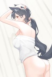 Rule 34 | 1girl, absurdres, animal ears, arknights, arm up, ass, black hair, bottomless, breasts, cowboy shot, extra ears, highres, holding, holding hair, long hair, looking at viewer, medium breasts, naked towel, sideways glance, solo, tail, texas (arknights), towel, very long hair, wl217 (nicexa111), wolf ears, wolf girl, wolf tail