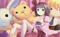 Rule 34 | 1girl, :3, :x, blush, book, bow, child, copyright request, looking at viewer, short hair, smile, stuffed animal, stuffed toy, watarurikka