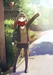 Rule 34 | 1girl, arm up, bag, black footwear, black skirt, blunt bangs, blurry, bokeh, bookbag, brown eyes, brown hair, brown jacket, brown pantyhose, bush, cardigan, closed mouth, day, depth of field, full body, jacket, light smile, long sleeves, looking at viewer, mosuko, open clothes, open jacket, original, outdoors, pantyhose, pleated skirt, pocket, red scarf, road, scarf, school bag, shoes, sign, skirt, sleeves past wrists, solo, standing, tree, twintails, waving