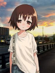 Rule 34 | 1girl, absurdres, blush, brown eyes, brown hair, car, closed mouth, cloud, cloudy sky, gishiki (gshk), guard rail, head tilt, highres, kill me baby, looking at viewer, motor vehicle, oribe yasuna, outdoors, photo background, shirt, short hair, short sleeves, sky, smile, solo, standing, sunset, suspenders, white shirt