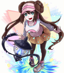 Rule 34 | 1girl, 1other, :d, black pantyhose, blue eyes, blue footwear, blue sleeves, bow, breasts, brown hair, commentary request, creatures (company), double bun, full body, game freak, gen 5 pokemon, hair bun, hat, lampent, large breasts, leaning forward, long hair, looking at viewer, nintendo, open mouth, pantyhose, pantyhose under shorts, pink bow, poke ball print, pokemon, pokemon (creature), pokemon bw2, raglan sleeves, rosa (pokemon), setta shu, shirt, shoes, short shorts, shorts, sidelocks, smile, sneakers, solo focus, standing, twintails, very long hair, visor cap, white shirt, yellow shorts