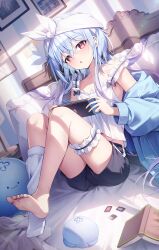 1girl absurdres barefoot black_shorts blue_hair blue_jacket feet highres holding jacket long_hair looking_at_viewer multicolored_hair off_shoulder open_clothes open_jacket pillow shorts single_sock socks solo toes ugwa