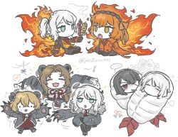 1boy 5girls animal_costume animal_ears ardor_blossom_star_(e.g.o) bear_costume bear_ears breath_weapon breathing_fire chibi dress e.g.o_(project_moon) faust_(project_moon) fiery_hair fiery_wings fire fire_hair_ornament freckles grey_dress hex_nail_(e.g.o) highres holding holding_skewer ishmael_(project_moon) lce_(identity)_(project_moon) limbus_company multiple_girls multiple_views ohzv project_moon rodion_(project_moon) ryoshu_(project_moon) shrimp_costume sinclair_(project_moon) sitting skewer sleeping_bag smoke smoking thoracalgia_(e.g.o) torn_clothes torn_dress wings