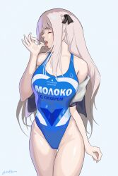 Rule 34 | ak-12 (girls&#039; frontline), braid, breasts, closed eyes, condensed milk, feet out of frame, french braid, girls&#039; frontline, grey hair, hair ribbon, highres, nishibuya, one-piece swimsuit, ribbon, russian text, swimsuit