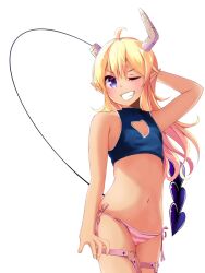 Rule 34 | 1girl, ;), ahoge, arm behind head, arm up, bare arms, bare shoulders, bikini, blonde hair, blue eyes, broken horn, chuutaro metal, cleavage cutout, clothing cutout, commentary request, cowboy shot, demon horns, demon tail, fang, flat chest, grin, hair between eyes, heart o-ring, horns, lilith (machikado mazoku), long hair, looking at viewer, machikado mazoku, navel, one eye closed, pointy ears, side-tie bikini bottom, simple background, smile, solo, stomach, swimsuit, tail, teeth, thigh strap, white background