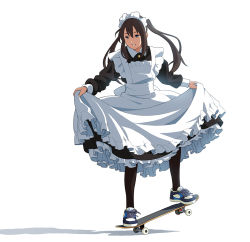 Rule 34 | 1girl, apron, brown hair, check commentary, commentary request, maid, maid apron, maid headdress, original, pantyhose, shadow, shoes, skateboard, skirt hold, sneakers, solo, suzushiro (suzushiro333), twintails, white background