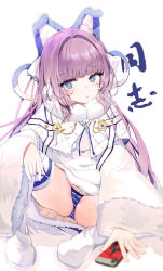 Rule 34 | 1girl, absurdres, animal ears, azur lane, blue eyes, blush, cellphone, coat, dress, fake animal ears, fur trim, graphite (medium), hair ornament, highres, long hair, long sleeves, looking at viewer, open mouth, panties, pantyshot, phone, pom pom (clothes), purple hair, sitting, smartphone, solo, striped clothes, striped panties, sweater, tashkent (azur lane), thighhighs, traditional media, translation request, underwear, very long hair, white coat, white thighhighs, wide sleeves, winter clothes, yue (qtxyjiang)